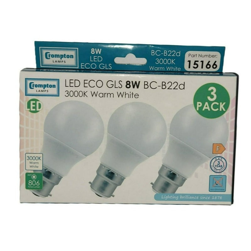 Crompton 8W LED Bulb 3 Pack B22d Warm White – Smyth's Homevalue