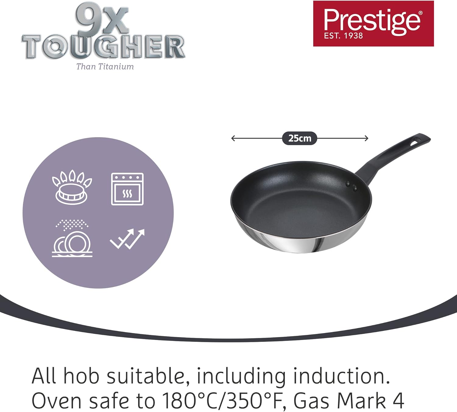 Prestige 9 X Tougher Stainless Steel Frying Pan 25cm