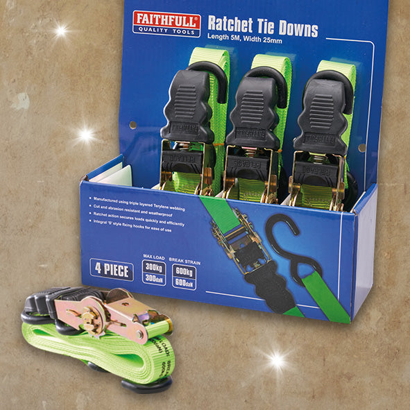 Faithfull 4 Piece 5m Green Ratchet Tie Down Set