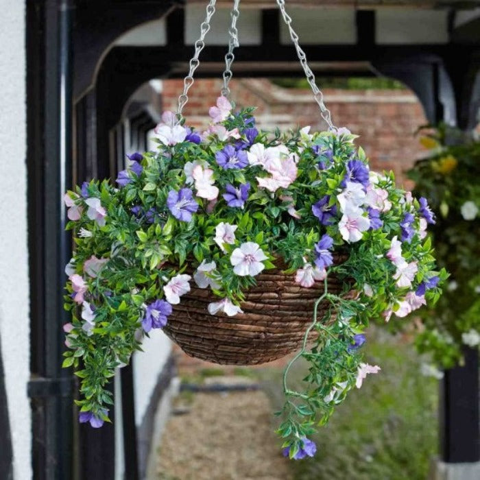 30cm Artificial Banana Braid Hanging Basket - Petunias