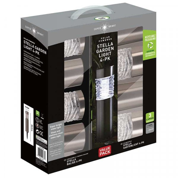 Stella Stainless Steel Solar Garden Bollard Light 4 Pack