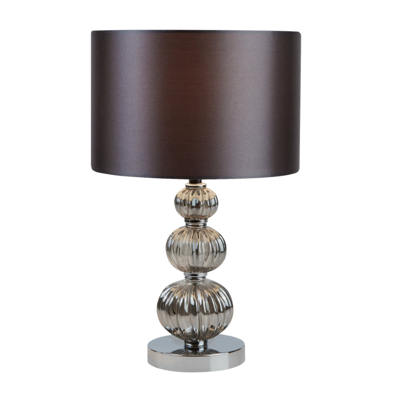 Chrome Stacked Table Lamp, Smokey Glass with Grey Faux Silk Shade