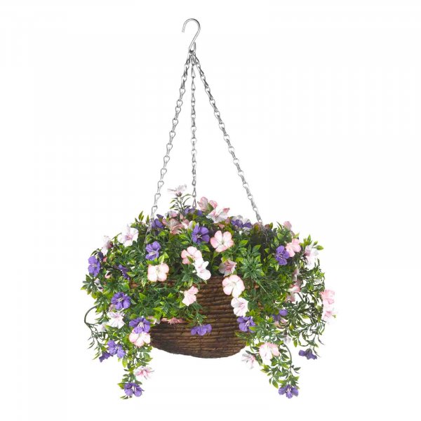 30cm Artificial Banana Braid Hanging Basket - Petunias