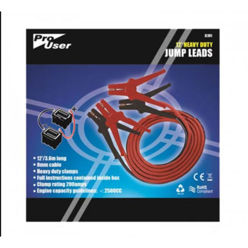 Pro User 12'/3.6M Heavy Duty Jump Leads for Vehicles/Cars up to 2500cc