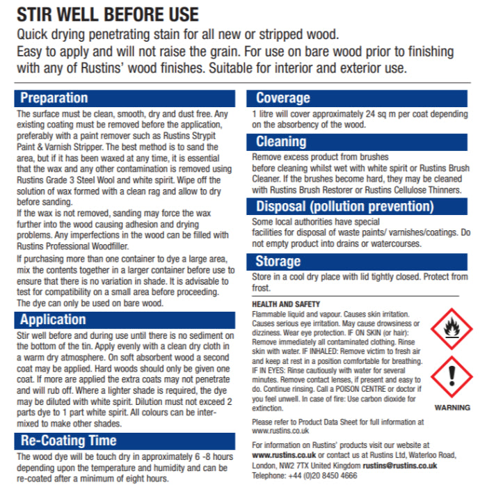 Rustins 250Ml Interior / Exterior Wood Dye - Teak