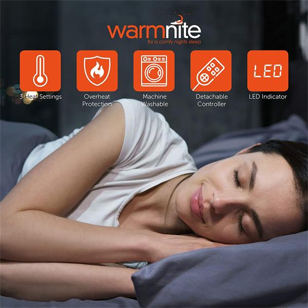 WarmNite Double Heated Under Blanket with 3 Heat Settings, 120cm x 107cm, Detachable Controller, Machine Washable, Overheat Protection.